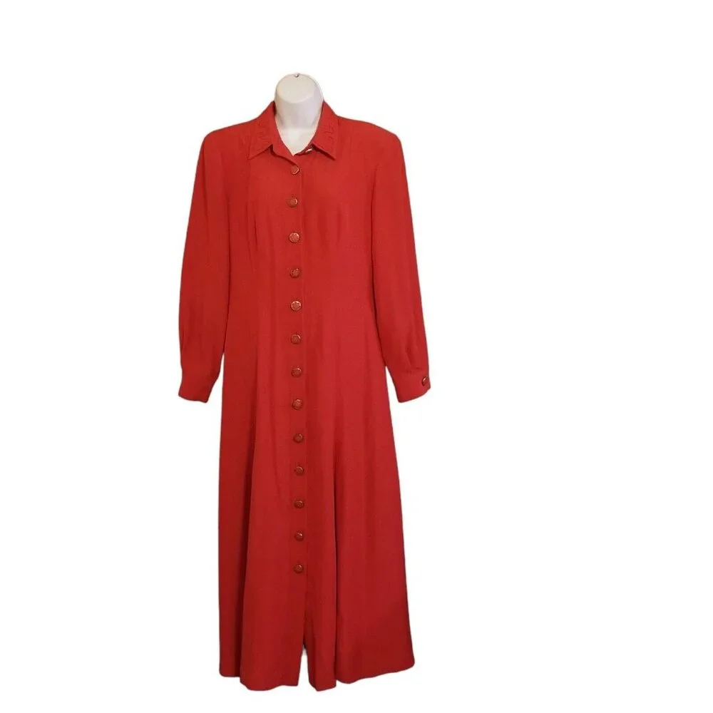 Howard Wolf Maxi Dress 12 Detachable Vest Long Sleeve Trim Buttons Red Vintage - Picture 6 of 15